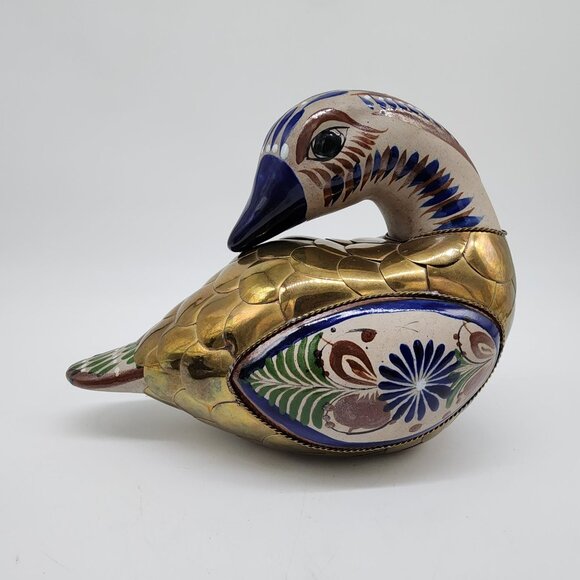 Mexican Tonala Pottery & Brass Duck Figurine Set Of 3 Gold & Blue Mom Ducklings - Picture 9 of 11